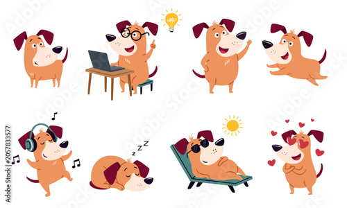 A collection of flat vector illustrations in a simple style. A cute dog in various poses: sleeping, at a laptop, in love, and sunbathing in sunglasses. Vector illustration