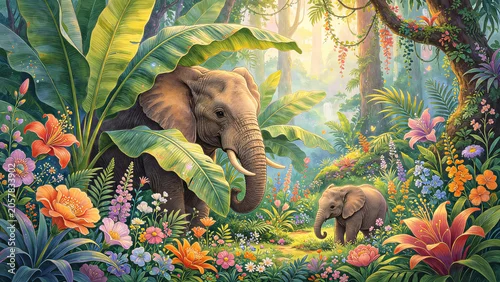 Fototapeta samoprzylepna Elephant Family in Lush Jungle