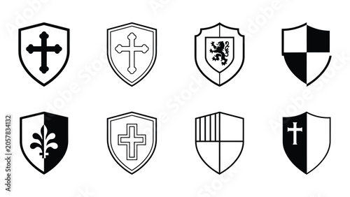 Εκτύπωση καμβά Medieval heraldic shields, black and white silhouette emblems, classic coat of arms symbols, vintage knight insignia set, vector illustration design