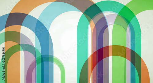 Abstract background with overlapping colorful arches and translucent geometric shapes