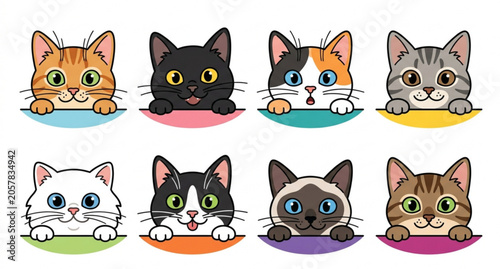 Funny curious cat heads peeking vector set isolated on white