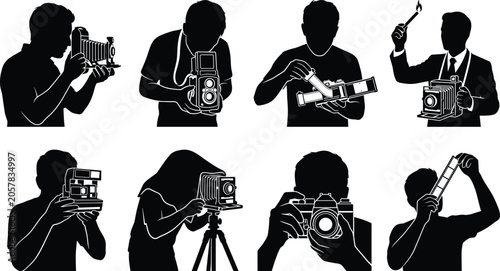 Foto Vintage photographer and retro analog camera silhouette icons set featuring clas