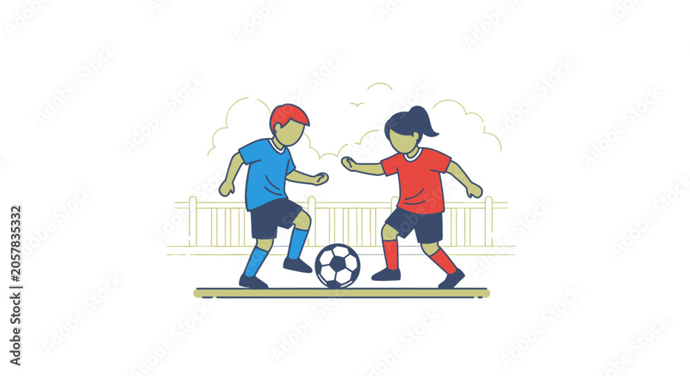 Obraz premium Two children playing soccer on a field.