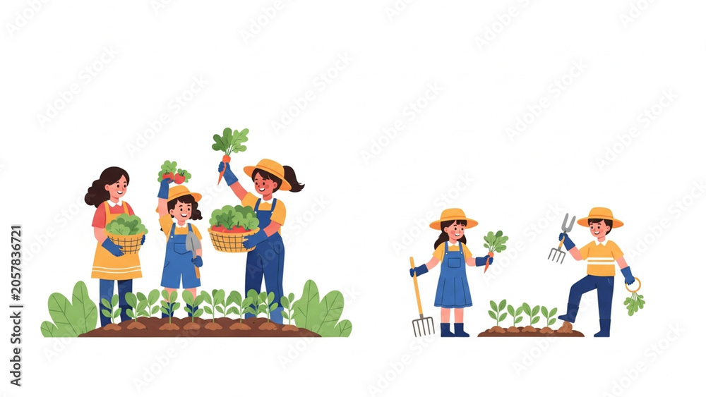 Fototapeta premium People gardening and harvesting plants together outdoors