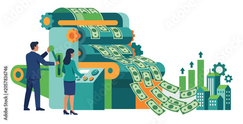 Corporate business team operating machine printing money and illustrating financial growth success.