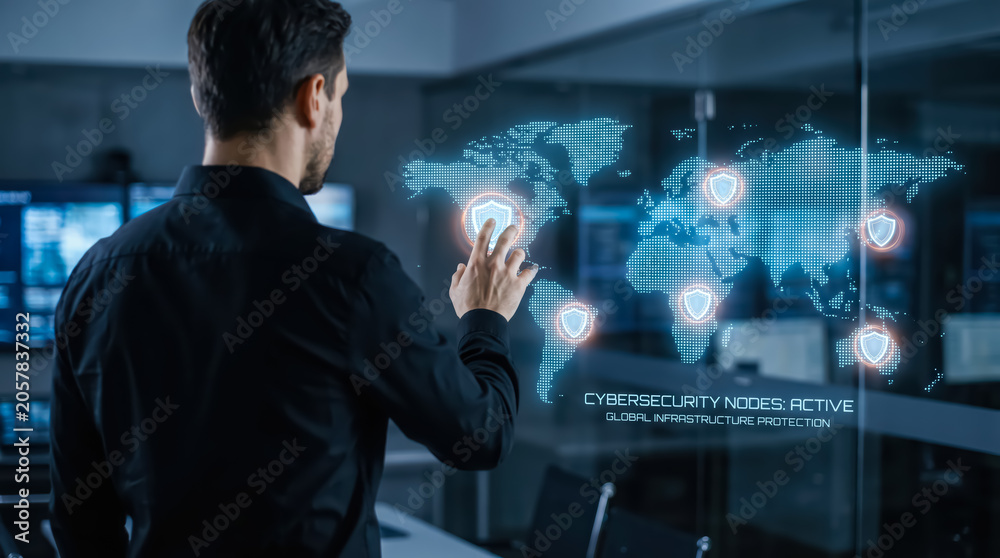Fototapeta premium Cybersecurity expert monitoring global network infrastructure protection on a digital holographic interface