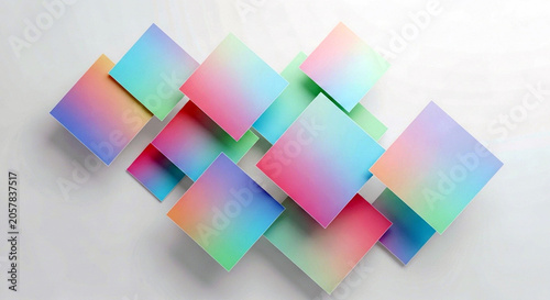 Abstract composition of floating colorful gradient squares isolated on white background