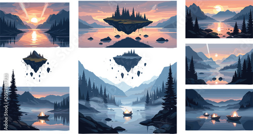 Obraz na plátně Fantasy mountain landscape vector banner set showing floating islands pine fores