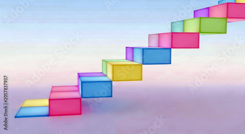 Abstract staircase made of glowing colorful blocks floating in a soft gradient space