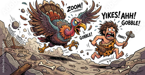 Bild auf Leinwand Funny stone age comic illustration with angry giant turkey chasing a scared cave