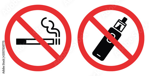 no smoking and no vaping prohibition signs icon set, red circle crossed symbols with cigarette and vape device, health safety and public restriction concept, scalable EPS vector illustration.
