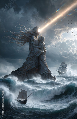 Mother and child statue on rocky coastline with turbulent sea