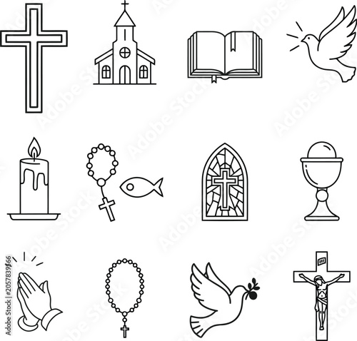Cristian flat icon set, modern religious symbols collection, minimalist Christian faith icons, church worship vector design elements