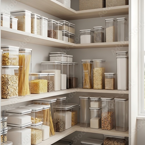 A well organized kitchen pantry with many clear plastic containers filled with dry food on white wooden shelves. spill-resistant containers
