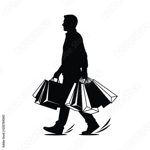Bilde på lerret Black and white vector silhouette of a man walking while carrying multiple shopp