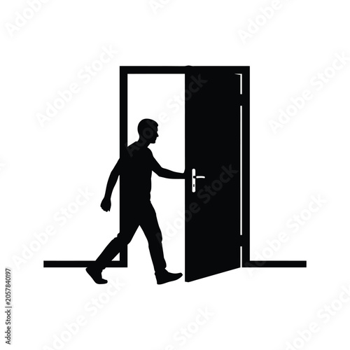 Man walking through open door silhouette vector icon for exit entry and opportunity concepts