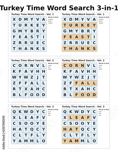 Turkey Time Word Search Puzzles Featuring Thanksgiving Themes  