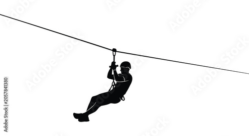 Schilderij op canvas Zipline rider in action a black silhouette against a white background silhouette