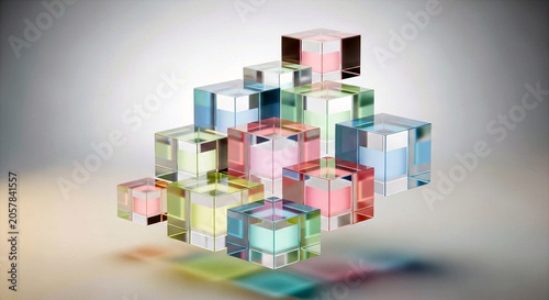 Abstract composition of floating transparent colorful glass cubes with reflections and refractions