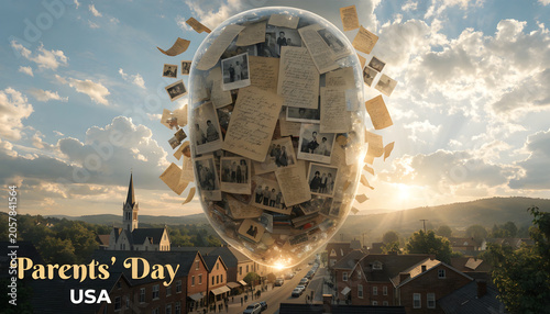 Parents' day usa concept memories floating above a small town