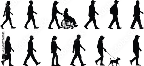 Diverse People Walking Profile Silhouettes and Wheelchair Stick Figures Set