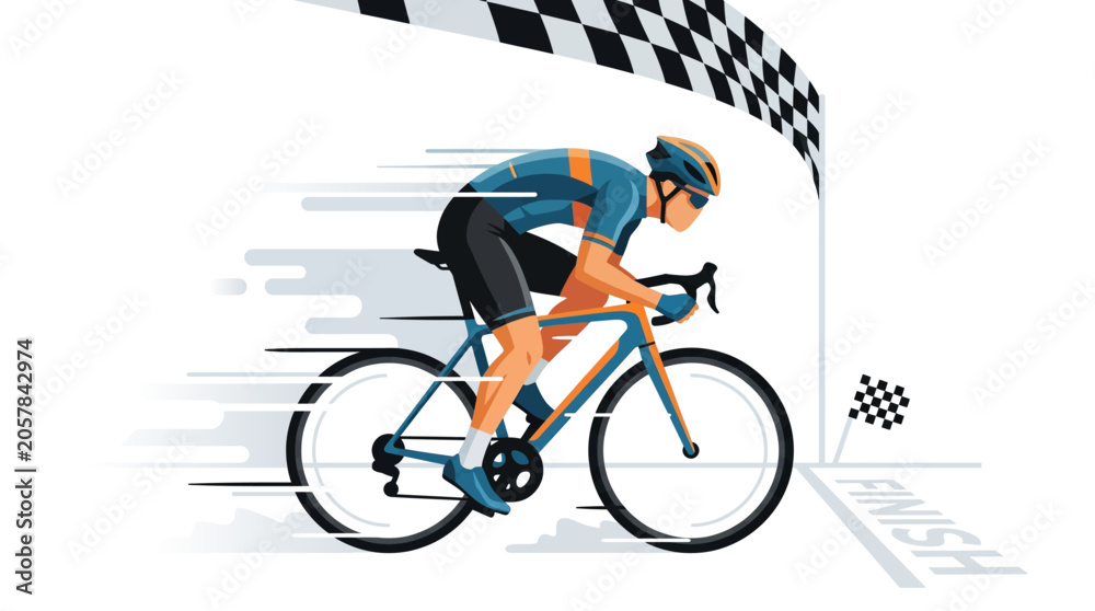 Naklejka premium Cyclist Crossing Finish Line in Speeding Race Achieving Victory and Success