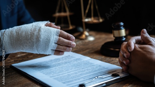 Stunning photo of Man with bandaged hand in legal office with gavel and scales of justice for injury claim