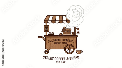 Charming illustration of a vintage mobile coffee and bread cart with a smiling baker, perfect for branding your cafe or bakery