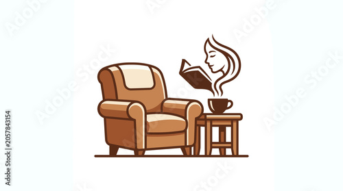 Cozy armchair with a steaming cup of coffee and an open book, perfect for a relaxing reading session