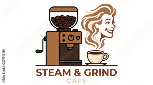 Artisan coffee preparation featuring a vintage grinder, a steaming cup of freshly brewed beverage, and the joyful essence of a cafe experience