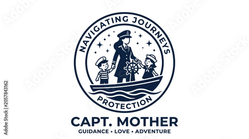 Vintage-style emblem depicting a nurturing mother as a ship's captain, steering a boat with her two children, symbolizing guidance, protection, and the adventurous journey of family life