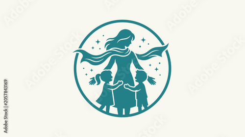 Graceful graphic depiction of a nurturing mother figure embracing her children, surrounded by sparkling stars in a circular emblem, symbolizing love, protection, and family connection
