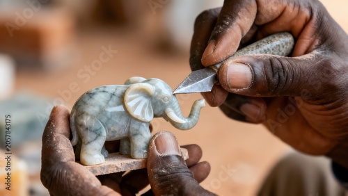 African artisan meticulously carving a small stone elephant figurine with hand tools