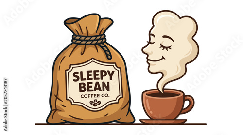 A charming cartoon illustration featuring a burlap sack labeled 'Sleepy Bean Coffee Co