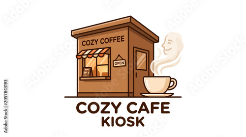 Charming illustration of a quaint and cozy coffee kiosk, featuring a friendly steaming coffee cup, perfect for a warm and inviting beverage break
