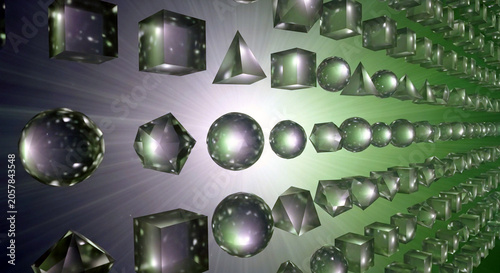 Abstract background with floating 3d geometric shapes like spheres, cubes, and pyramids in a perspective view with glowing light effects