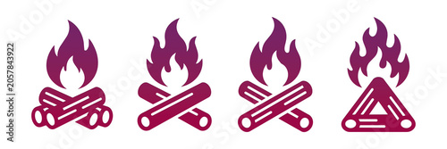 Photography Set of campfire icons with burning logs in different styles isolated on transpar