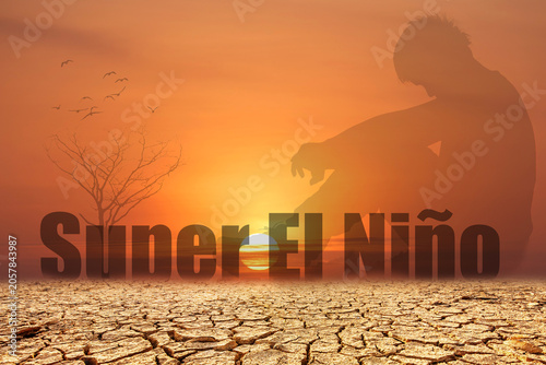 Tableau sur toile A desolate landscape of cracked earth under a fiery orange sunset, with the silhouette of a person and a bare tree