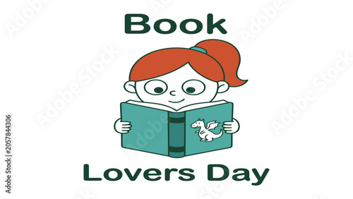 Obraz na plátně Girl reading a book with a dragon illustration on the cover celebrates the annual event known as Book Lovers Day