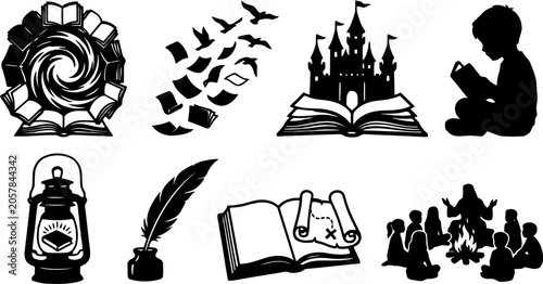 Collection of black and white silhouette related to reading and stories book education