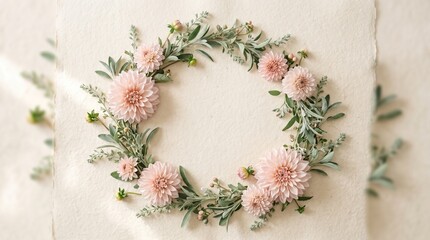 Elegant floral wreath of pink dahlia flowers and green foliage on textured handmade paper background, flat lay top view with copy space