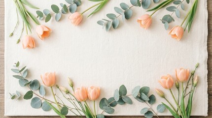 Elegant floral border flat lay with peach tulips and eucalyptus leaves on textured cream fabric background with copy space