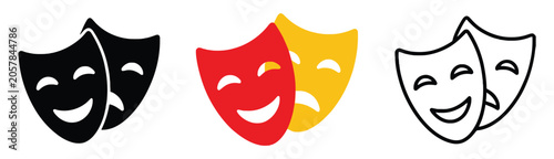 Tableau sur toile Masquerade icons, comic and tragic theater masks, drama performance symbols, entertainment vector illustration set