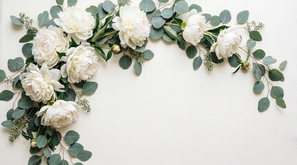 Elegant white peony and eucalyptus floral arch on white background, flat lay wedding flower garland with copy space