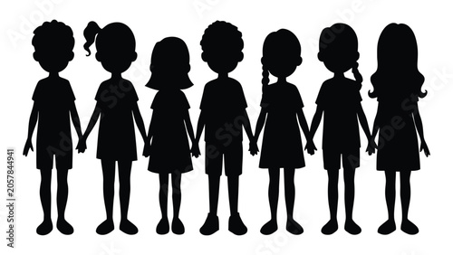 Fotografía Children standing in a row holding hands represent unity and friendship in this minimalist silhouette