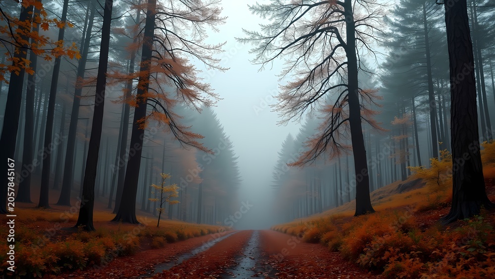 Obraz premium Mysterious forest path between tall autumn trees covered in deep winter fog