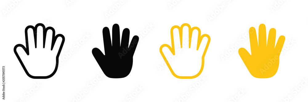 © Sidratul Muntaha 5 - Waving hand icon set representing greeting and stop gestures with open palm symbols in outline, solid, and yellow vector styles. © Sidratul Muntaha 5 - Waving hand icon set representing greeting and stop gestures with open palm symbols in outline, solid, and yellow vector styles.