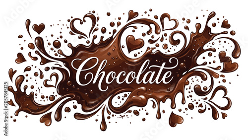 Quadro su tela Chocolate splashes and heart shapes surround a decorative script text to represent sweet indulgence