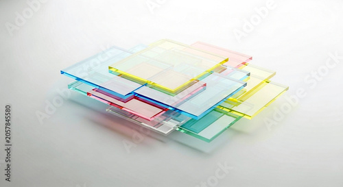 Stack of colorful transparent glass plates isolated on white background
