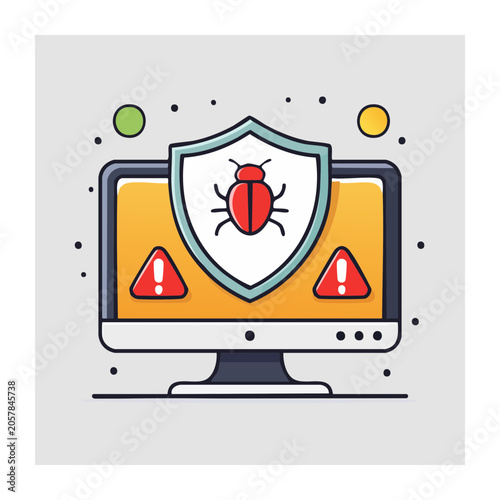 Flat design computer with security shield and heart icon